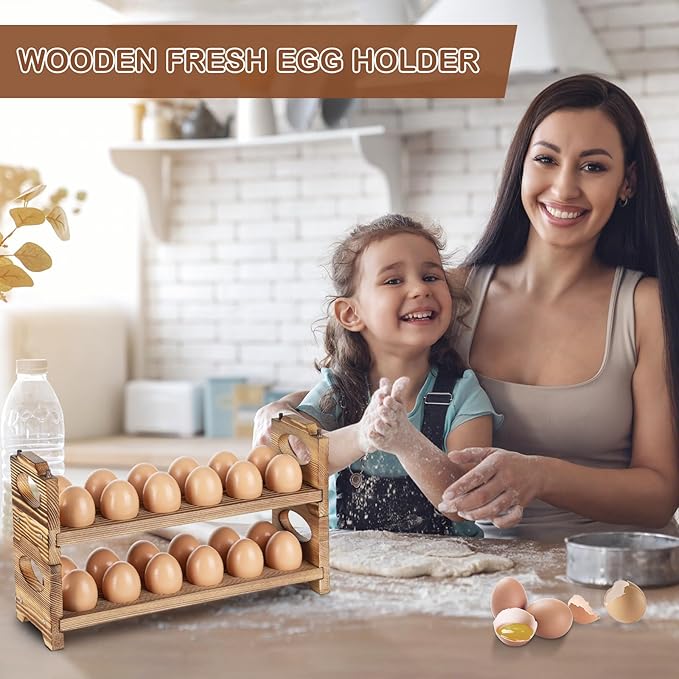 AOOHOOA Wooden Egg Holder & Storage-3Tier /36-Hole Stackable Holds Fresh Eggs, Farmhouse Eggs Rack Wood, Rustic Countertop Chicken Egg Organizer Wood with Distressed Finish for Home Kitchen Decoration