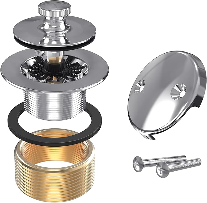All Metal Lift & Turn Bathtub Drain Kit with Two-Hole Overflow Faceplate, Replacement Bath Tub Drain Trim Set Fine/Coarse Thread Conversion Kit Assembly, Tub Drains and Overflow -Chrome Plated
