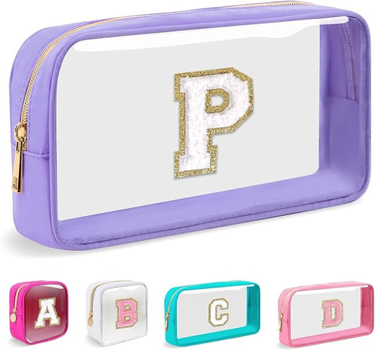 Small Clear Personalized Initial Makeup Bag,Preppy Nylon A-Z Chenille Letter Patch Makeup Organizer TSA Approved Travel Toiletry Bag,Waterproof Zip Beach Cosmetic Pouch Purse for Women(Purple-White P)