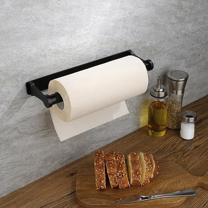 Paper Towel Holder - Self-Adhesive or Drilling, Black, Wall Mounted, Kitchen Roll Dispenser Under Cabinet or Inside Cabinet