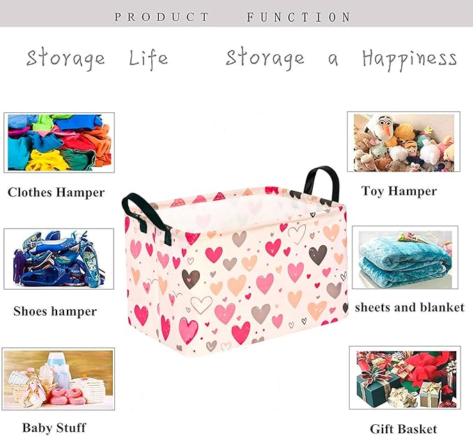 KUNRO Rectang Heart Valentine's Storage Basket Gift Shelf Basket Storage Bin, Nursery Basket Organizer Box for With Handles for Room Deco