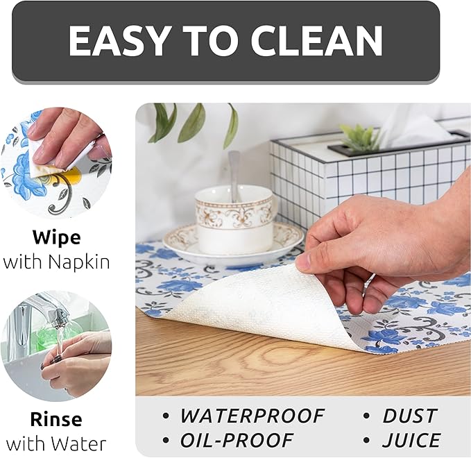 FIFTY FEET 12X120 Inch Shelf Liner for Kitchen Cabinets, PVC Drawer Liner for Dresser Non-Slip Bathroom, Non-Adhesive Cabinet Liner Washable (Blue Floral)(3 Roll)