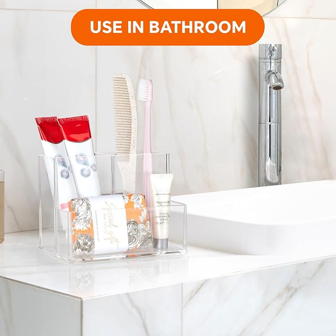 2 Packs Pen Holder for Desk, Clear Acrylic Pencil Holder for Desk, Marker Holder with 3 Compartments, Pencil Organizer for Home, Office, Classroom, Bathroom