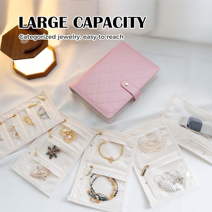 Travel Jewelry Organizer Case ， Portable Jewelry Organizers Storage Book, Compact Jewelry Roll for Earrings, Rings, Necklaces - Perfect Jewelry Travel Bag for Women