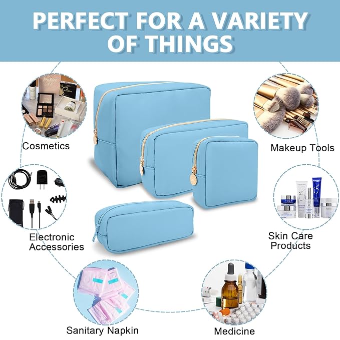 Large Makeup Bag Pouch, Nylon Women Travel Toiletry Storage Bag, Preppy Cosmetic Bag for Girls, Big Makeup Organizer Bag, Cute Zipper Pouch Skincare Bag for Sport Work Gift (Large-Periwinkle)