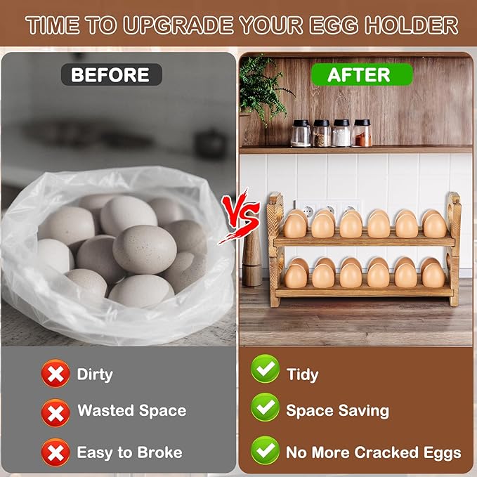 AOOHOOA Wooden Egg Holder & Storage-3Tier /36-Hole Stackable Holds Fresh Eggs, Farmhouse Eggs Rack Wood, Rustic Countertop Chicken Egg Organizer Wood with Distressed Finish for Home Kitchen Decoration