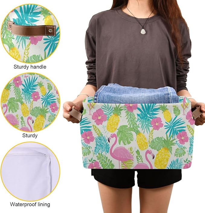 Aslsiy Storage Basket Summer Flamingo Hibiscus Nursery Bins Tropical Leaf Pineapple Baby Box Canvas Clothes Shelf Basket Laundry Hamper Gift Basket for Home Closet 1 Pcs