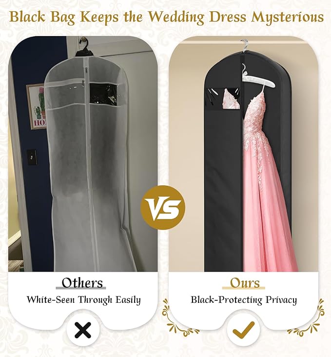 KEETDY 65" Wedding Dress Garment Bag for Travel with 4" Gusseted Long Hanging Dress Bags for Gowns for Women Garment Cover Clothes Storage for Closet, Black