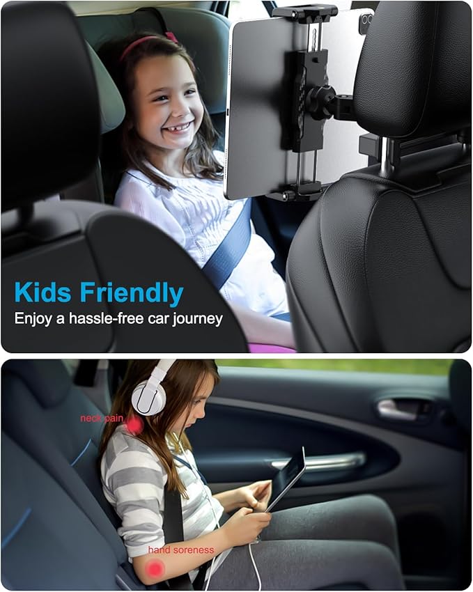 Car Back Seat Tablet Holder, [Thick Case Friendly] Car Headrest Tablet Mount Stand with Extension Arm, Road Trip Essentials for Kid, Fits iPad Pro 12.9 Air Mini, Tab, iPhone, 6.1-13" Device