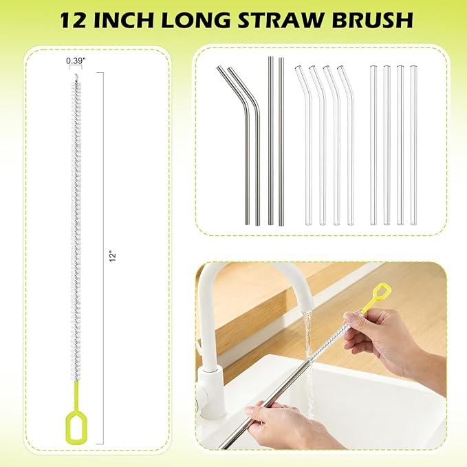 2 Pack 14 Inch Bottle Brush & 12 Inch Straw Brush Cleaner Set - Heavy Duty Kitchen Bottle Brushes for Cleaning Water Bottles, Mugs, Sippy Cups & Tumblers, Lab Use (Large)