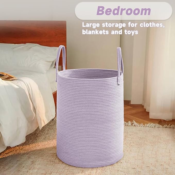 Large Woven Laundry Basket Hamper, 60L Cotton Rope Storage Bin for Blankets, Toys, and Clothes, Decorative Tall Nursery Hamper for Living Room, Baby Nursery, Bathroom, and Bedroom, Purple