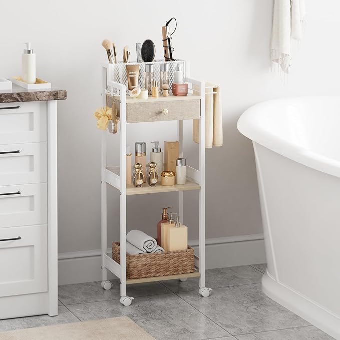 3-Tier Bathroom Shelf with Drawer, 12.8in Large Floor Makeup Organizer, Cosmetics Display Case Holder for Hair Tools, Skincare, Kitchen, Bathroom, Laundry Room Organization