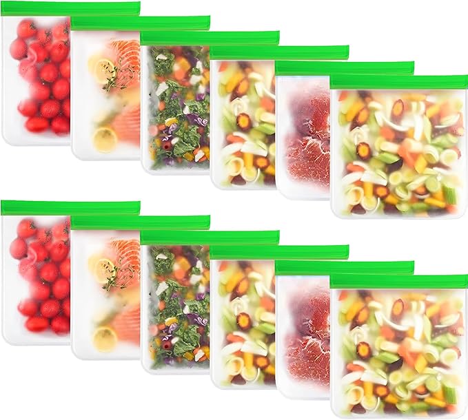 12-Pack Reusable Silicone Gallon Ziplock Freezer Bags – Extra Thick, BPA-Free, Leakproof, Stand-Up & Dishwasher Safe – Large Food Storage Bags for Meal Prep, Marinating, Travel & Kitchen Organization