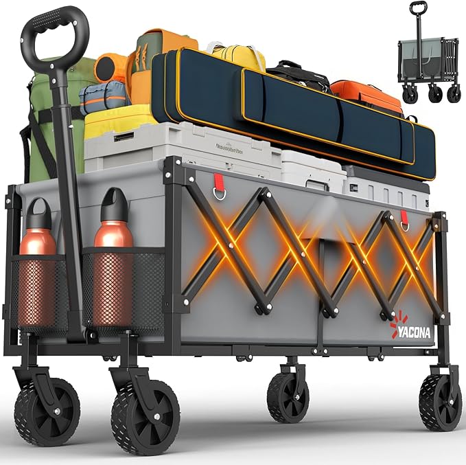 35" L Extra Long Foldable Wagons Carts, 360LBS Heavy Duty Collapsible Wagon with Wheels, Folding Wagon Portable Utility Cart for Groceries, Shopping, Camping, Sports