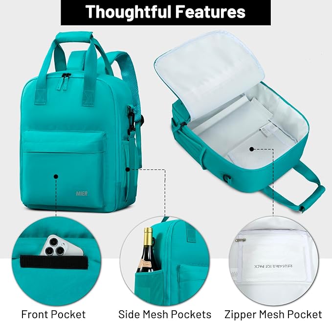 MIER Backpack Cooler 24 Cans Insulated Soft Cooler Bag with Detachable Double Decker Leakproof Lightweight Lunch Back Pack Women Men for Work Travel Picnic,Teal