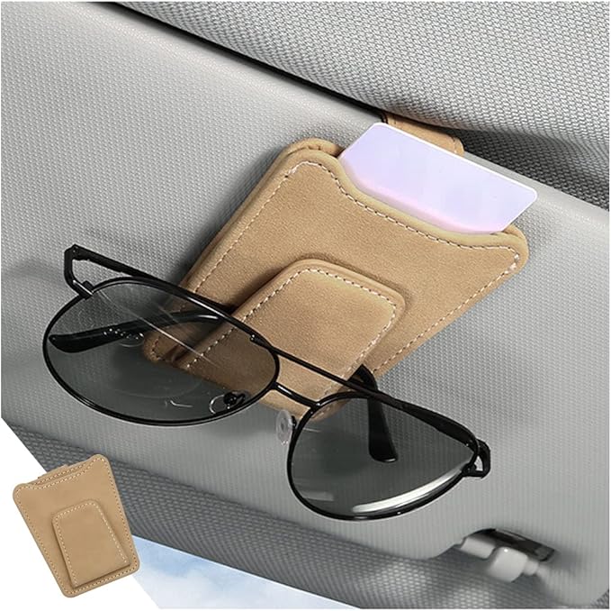 8sanlione Sunglasses Holder for Car Sun Visor, Magnetic Leather Glasses Hanger Clip, Eyeglass and Ticket Card Storage Mount, Auto Interior Accessories Universal for Vehicle SUV Truck (Beige)