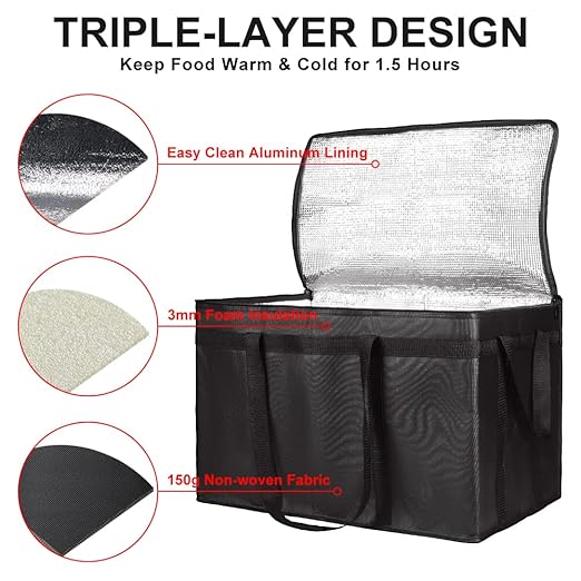 Insulated Food Delivery Bag, XXXL Insulated Reusable Grocery Cooler/Hot Bags, Tote Bag for Shopping/Travel, Catering Bag 22x14x13, Black, 3-Pack