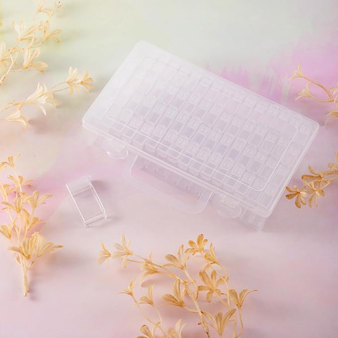 FASHEWELRY 64 Grids Small Diamond Painting Storage Containers 2x1 Inch Clear Flip Top Seed Bead Organizer Boxes with Label Stickers for Diamond Dots, Pony Beads, Nail Glitters
