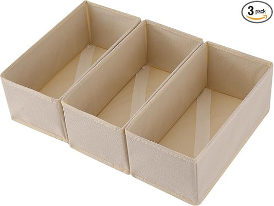Socks Drawer Organizer Set of 3 Pack Beige, 11' Small Underwear Dividers, Closet Cabinet Dresser Wardrobe Storage Boxes for Girls' Panty Stockings Leggings
