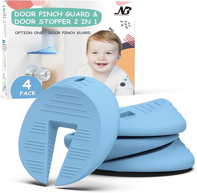 Upgraded Silicone Door Pinch Guard and Door Stoppers 2 Functions in 1 with 4 Free Hooks, Heavy Duty Finger Pinch Guard Prevents Finger Pinch Injuries, Slamming Doors. 4 Packs, Blue