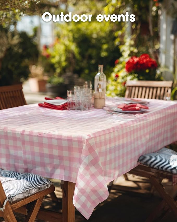 Pureegg Plastic Table Cloth Disposable 10 Pack, 54 x 108 Inch Table Cloths, Party, Picnic, Decorative Gingham Tablecloths, Rectangle, Pink and White Checkered Cover, Leakproof & Sturdy, Pink Plaid