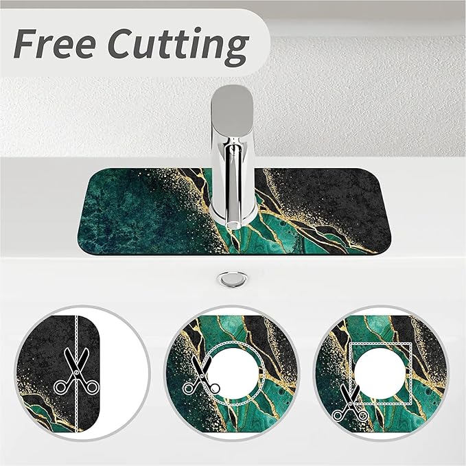 Kitchen Sink Splash Guard, Black and Green Gold Marble Faucet Mat Sink Gadgets - Super Absorbent Fast Drying Mat Drip Catcher for Kitchen, Bathroom, Sink Mat, Dish Drying Mat, Bathroom (15" x 5.5")