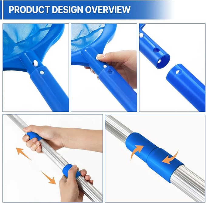 Pool Skimmer - Pool Net with 3 Section Pole, Pool Skimmer Net with Fine Mesh Net, Telescopic Aluminum Pole, Plastic Frame Ultra-fine Pool Skimmer for Ponds, Fish Tank, Hot Tub