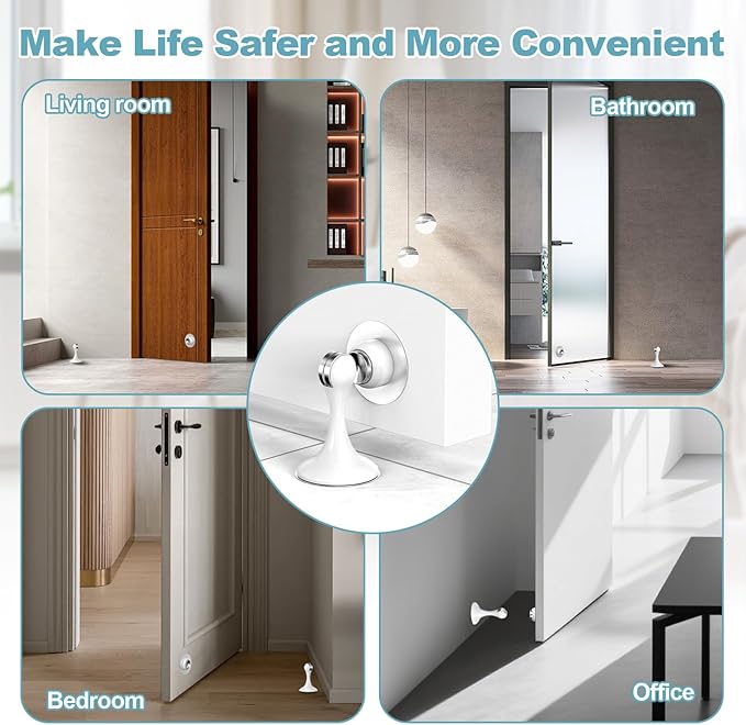 Magnetic Door Stoppers 4 Pack, Stainless Steel Door Stops for Wall and Floor Mounting, Door Holder Keep Door Open, No Drilling Door Stop with 3D Adhesive Tapes, White