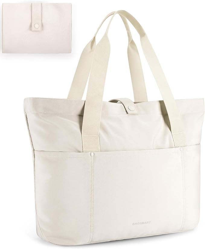BAGSMART Tote Bag for Women, Foldable Tote Bag With Zipper Travel Large Shoulder Bag Handbag for Work-16.5''l X 6''wx 14''h