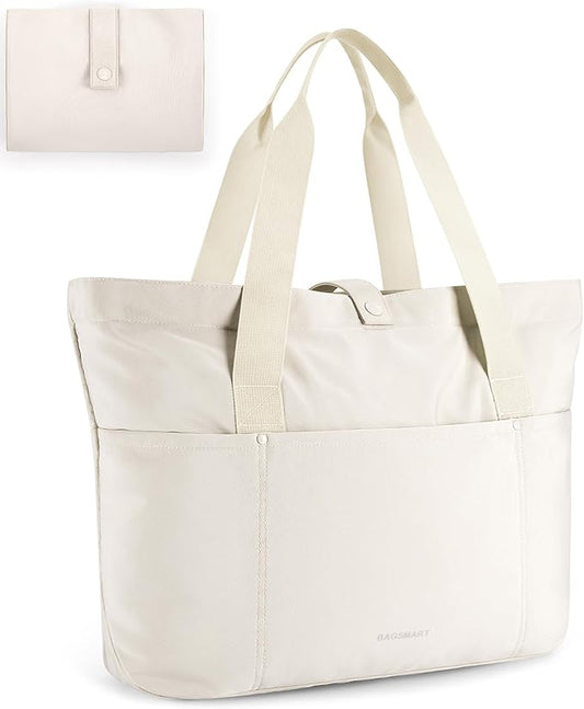 BAGSMART Tote Bag for Women, Foldable Tote Bag With Zipper Travel Large Shoulder Bag Handbag for Work-16.5''l X 6''wx 14''h