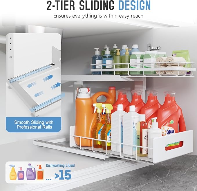 1 Pack 18 IN Depth Under Sink Organizer with Smooth Ball Bearing Slides, 2-Tier Pull Out Cabinet Storage, Slide Out Drawers for Bathroom & Kitchen, Rust-resistant Coating, Height Adjustable-White