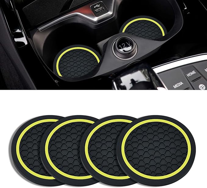 4PCS Car Cup Holder Coasters, 2.75 Inch Non-Slip Insert Cup Holder Pad, Dustproof Automotive Interior Accessories Mat, Universal for Trucks, Vehicles, RVs and More (Black/Yellow)