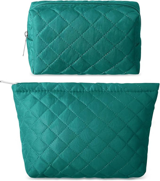 2 Pcs Pencil Case Quilted Makeup Bag Aesthetic Cosmetic Pouch for Women Puffer Travel Toiletry Bag Set Cotton Small Purse Pouch Makeup Organizer with Zipper(Green)