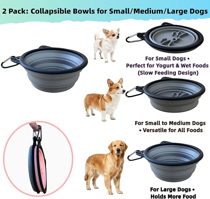 2 Pack Silicone Travel Dog Bowls, Slow Feeder Anti-Gulping, 25oz Collapsible Portable Water & Food Bowls for Medium & Large Dogs, Pet Camping Essentials (Pink/Gray)