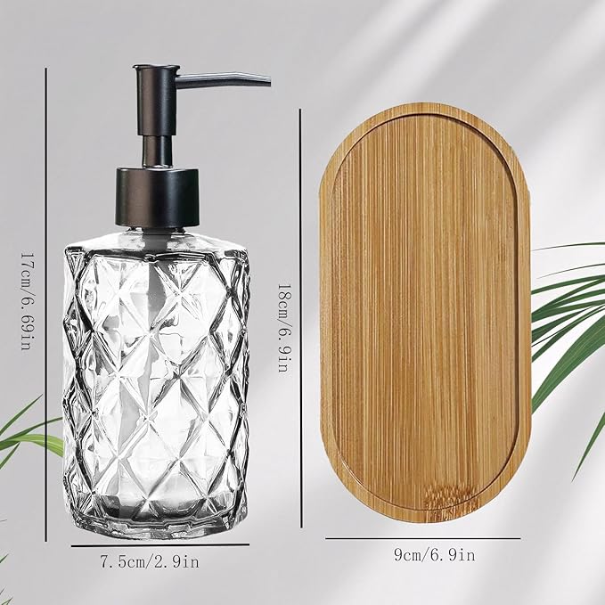 Glass Hand and Dish Soap Dispenser Set of 2 with Plastic Pumps, Bamboo Tray, 12oz Clear Bathroom Soap Dispenser with Diamond for Hand Wash & Dish Wash, Ideal for Bathroom Kitchen Countertop