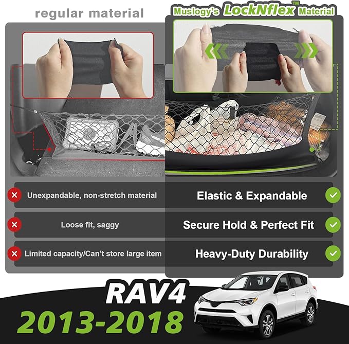 Muslogy Envelope Style Trunk Cargo Net Compatible with Toyota RAV4 2013-2018 Accessories Custom Fit Trunk Organizer Upgraded Storage Luggage Net with Metal Hooks