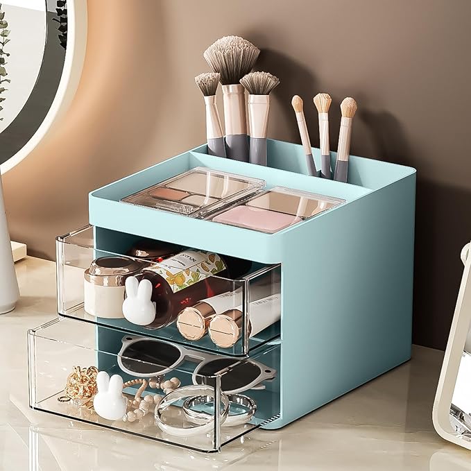 Marbrasse Small Desk Organizer with Drawer, Multi-Functional Pen Pencil Holder Storage Box, Desk Organizers and Accessories with 3 Compartments + 2 Drawer for Office Art Supplies(Blue)