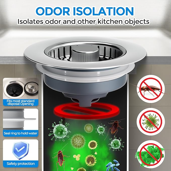 zaa Upgraded 3in1 Kitchen Sink Drain Strainer & Sink Stopper, 304 Stainless Steel Sink Drain Basket & Sink Protector for Kitchen with Anti-Clog Filter, Fit US Standard 3-1/2'' Sink Drain Hole, Gray