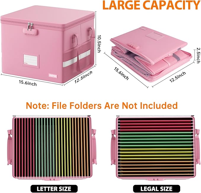 ENGPOW 5200°F File Box Fireproof Document Box with Lock, Heat Insulated Collapsible File Storage Organizer Box with Handle, Portable Home Office File Cabinet for Hanging Letter/Legal Size Folder, Pink