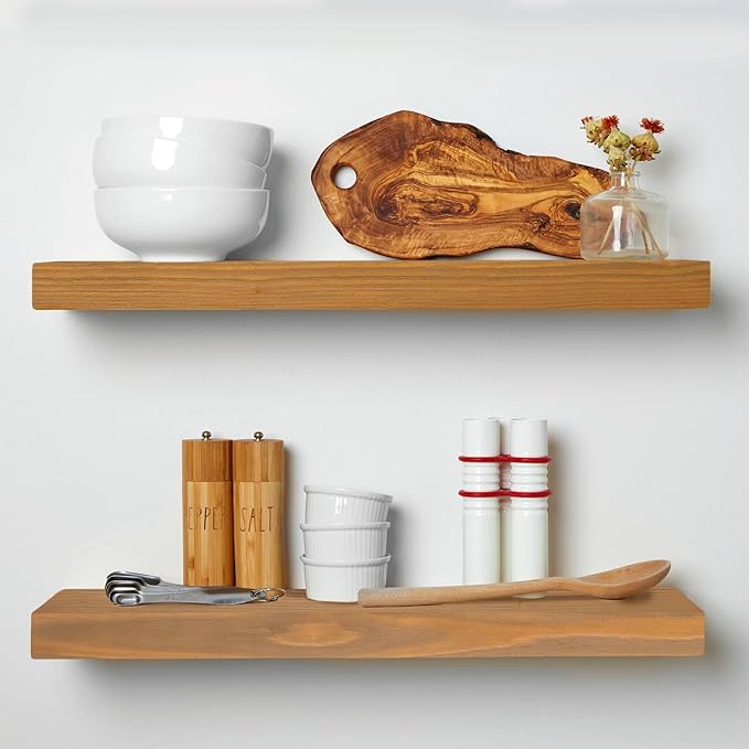 Homeforia 24 inch Golden Oak Floating Shelf, High-End Solid Real Wood 24-inch Small Floating Shelves for Wall Mounted, Oak Wooden 24-inch Floating Shelves, Heavy Duty Bracket, 24 X 6.5 X 1.75 in, Set of 2