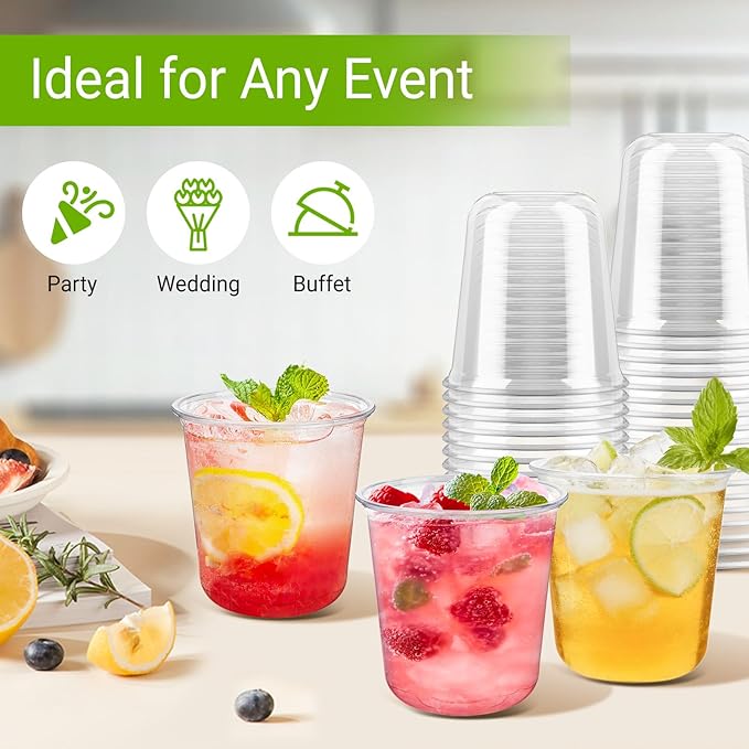 Soelomu 12 oz Disposable Stemless Wine Glasses, 100 Pcs Crystal Plastic Cocktail Cups Clear Classic Cold Drinking Party Glasses for Wedding Gathering Birthday Meeting (Clear)