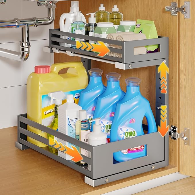 1-Pack Under Sink Organizers and Storage, 2-Tier L-Shape Pull Out Cabinet Organizer with Round Tube Slide Rails, Height Adjustable Slide Out Drawers for Kitchen & Bathroom, Multi-Purpose Storage Shelf - Gray