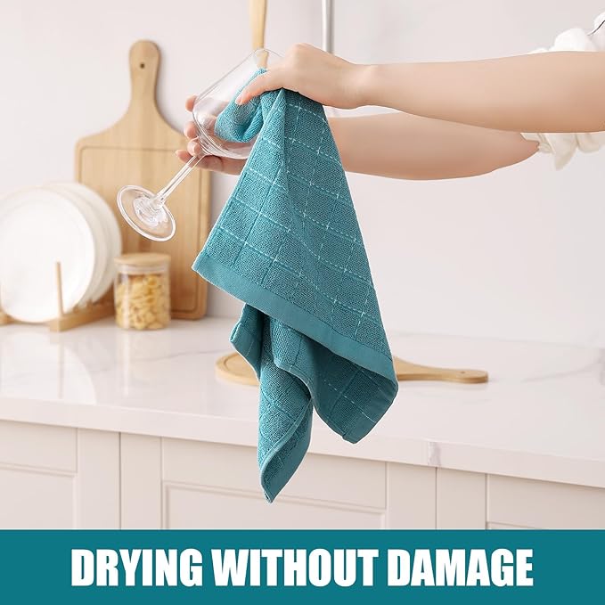 Homaxy 100% Cotton Terry Kitchen Towels(Lake Blue, 13 x 28 inches), Checkered Designed, Soft and Super Absorbent Dish Towels, 6 Pack