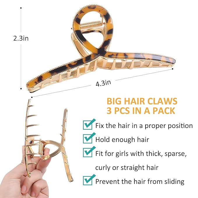 Hair Clip, 3 Pack - Large Metal Hair Claw Clips for Women's Thick or Thin Hair, 3 Styles, Practical, Sturdy - Perfect for Long Hair, Short Hair, Daily or Special Occasions