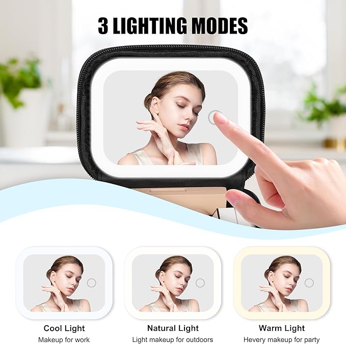 Relavel Mini Makeup Bag with Led Mirror, Small Cosmetic Bag with 3 Light Modes, Rechargeable Portable Makeup Pouch with Hands-Free Wrist Strap for Pool Parties丨Work Touch-Ups丨Travel - Black