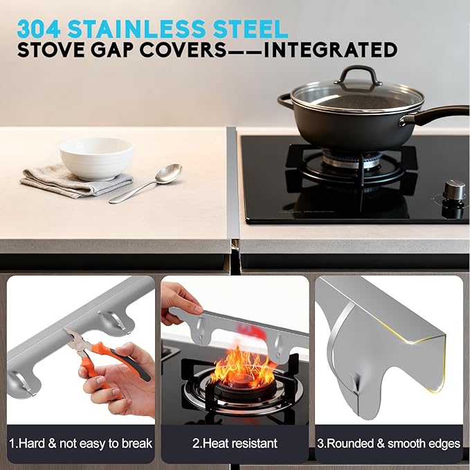 Stove Gap Covers - 2 Pack Stainless Steel Stove Gap Filler, Heat Resistant Oven Gap Filler - Length 23.4" Width 0.79", Spring Clip Design Non-Slip Stove Guard Between Stove Top & Counter - Silver