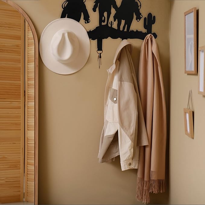 Western Cowboy Coat Hooks Wall Art Decor-Cowboy Hangers and Key Hooks Holder-Clothes Hat Rack and Backpack Hanger-Sweet Home Decor for Storage, Living Room, Hallway, Office (Black)