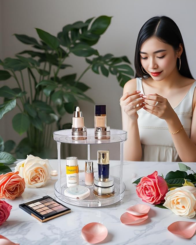 2 Tier 9.25Inch Clear Lazy Susan Organizer for Fridge and Cabinet, 360°Rotating Makeup Organizer, Cosmetic Display Cases, Under Sink Turntable Organizer for Kitchen Bathroom Dorm