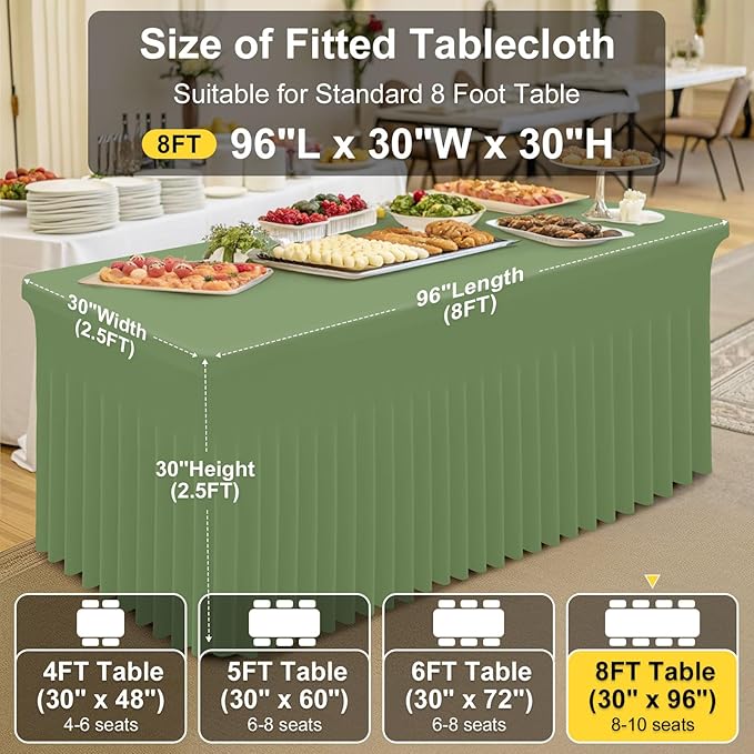 Smiry Spandex Tablecloth, Elastic Fitted Stretch Tablecloth for 8FT Rectangle Tables, Waterproof Washable Table Cover Skirt for Outdoor, Wedding, Banquet & Parties (Sage Green, 96Lx30Wx30H Inch)