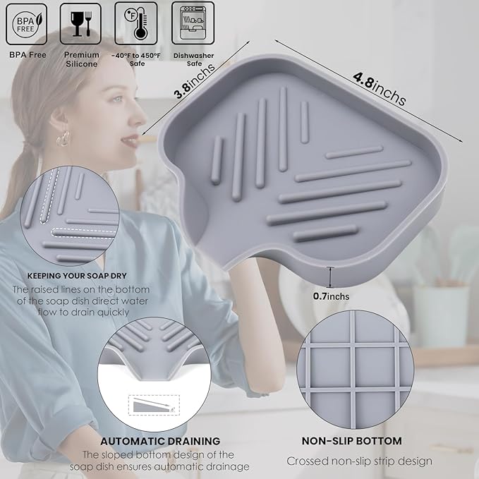 YASMEN 2 Pcs Silicone Soap Dish, Soap Holder with Drain, Sponge Holder for Kitchen Sink, Soap Dispenser Tray, Bathroom & Kitchen Sink Organizer, Rubber Soap Dishes for Bar Soap,Soap Bottles-Black/Grey